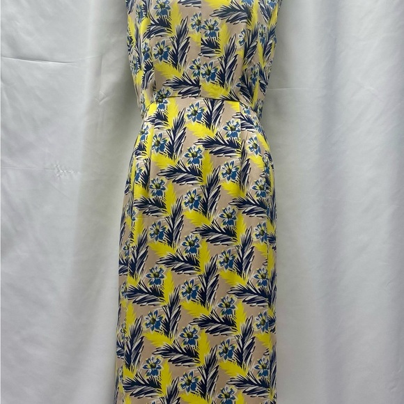 J. Crew Silk dress SZ 6 Blue/Yellow Floral/Leaf Print lined side slits back zip - Picture 1 of 14